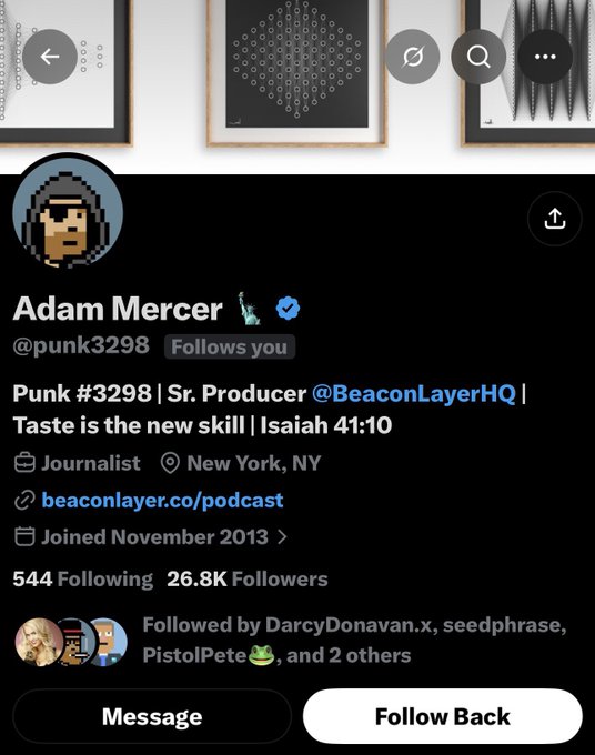 A Twitter/X profile for "Adam Mercer" (@punk3298), a journalist and Sr. Producer at @BeaconLayerHQ based in New York, NY, with 26.8K followers and bio reading "Punk #3298 | Taste is the new skill | Isaiah 41:10."