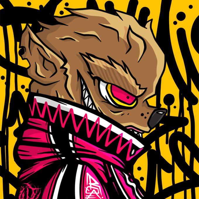 A colorful digital illustration of a fierce, snarling brown hyena-like creature with a pink and black scarf against a yellow background.