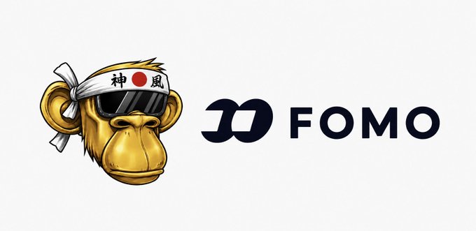 A logo featuring a golden monkey head wearing sunglasses and a white headband with the Japanese characters for 'Kamikaze', next to the stylized text 'FOMO'.