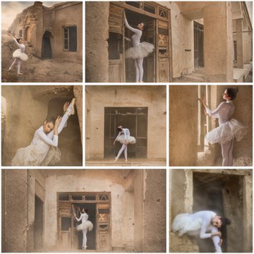 A collage of photographs showing a ballet dancer in a white tutu performing poses in various rustic, weathered doorways and alleyways.