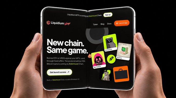 A foldable smartphone is displayed showing the LiquidiumWTF website with the text 'New chain. Same game.', 'Borrow, ETH or USDG against your NFTs', and 'Built on Robinhood Chain'.