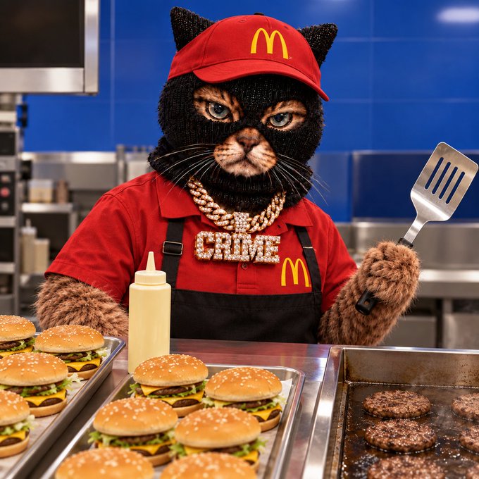 A cat wearing a red McDonald's hat and uniform with a 'CRIME' diamond-encrusted necklace, holding a spatula and standing behind trays of cheeseburgers and cooking patties in a kitchen.