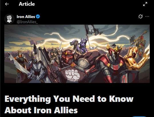 An article preview from Iron Allies (@IronAllies_) titled 'Everything You Need to Know About Iron Allies' with banner art showing several armored warrior characters.