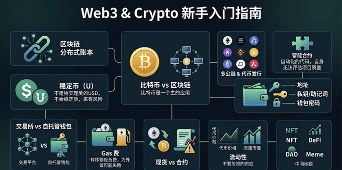 A Chinese infographic titled "Web3 & Crypto 新手入门指南" (Web3 & Crypto Beginner's Guide) maps out foundational crypto concepts including 区块链 (blockchain), 比特币 vs 区块链 (Bitcoin vs. blockchain), 稳定币 (stablecoins), 智能合约 (smart contracts), NFTs, DeFi, DAO, and Meme, connecting each concept in a flowchart. The visual reinforces the post's warning by suggesting that beginners should master these fundamentals—like wallets, exchanges, gas fees, and token types—before pursuing profits, addressing the common mistake of learning to make money before learning to avoid losing it.