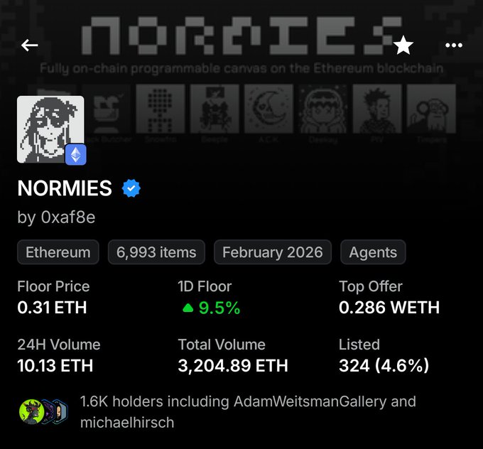 A screenshot of the 'NORMIES' NFT collection page on Ethereum by 0xaf8e, showing a floor price of 0.31 ETH, 6,993 items, and 1.6K holders.
