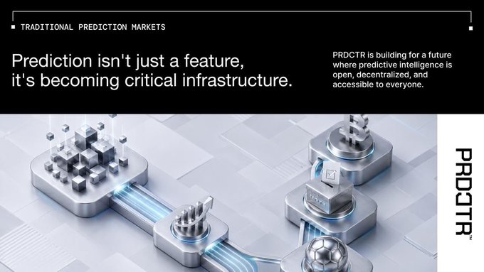 A promotional graphic for "PRDCTR" features text reading "Prediction isn't just a feature, it's becoming critical infrastructure" alongside 3D rendered mechanical components connected by glowing blue lines on a light background.