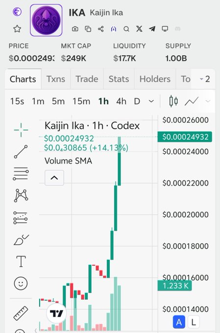 A cryptocurrency tracking app screen shows data for the token 'IKA Kaijin Ika,' with a price of $0.000249, a market cap of $249K, and a 1-hour price chart indicating a 14.13% increase.
