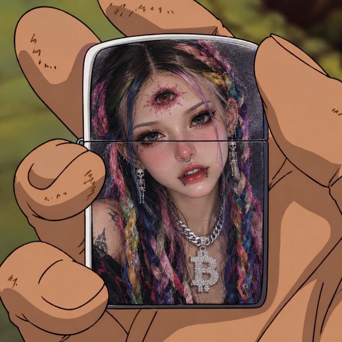 An animated illustration of a hand holding up a white lighter featuring a photo of a woman with multicolored dreadlocks, a third eye on her forehead, facial piercings, and a chain necklace with a rhinestone "R" pendant.