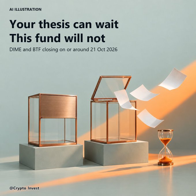 An AI-generated promotional illustration with the text 'Your thesis can wait This fund will not DIME and BTF closing on or around 21 Oct 2026', featuring glass display cases and an hourglass.