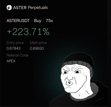 An Aster Perpetuals mobile trading interface showing ASTERUSDT up 223.71% with an entry price of 0.67843 and mark price of 0.69930, referral code APEX, and a Wojak "doomer" meme illustration at the bottom.