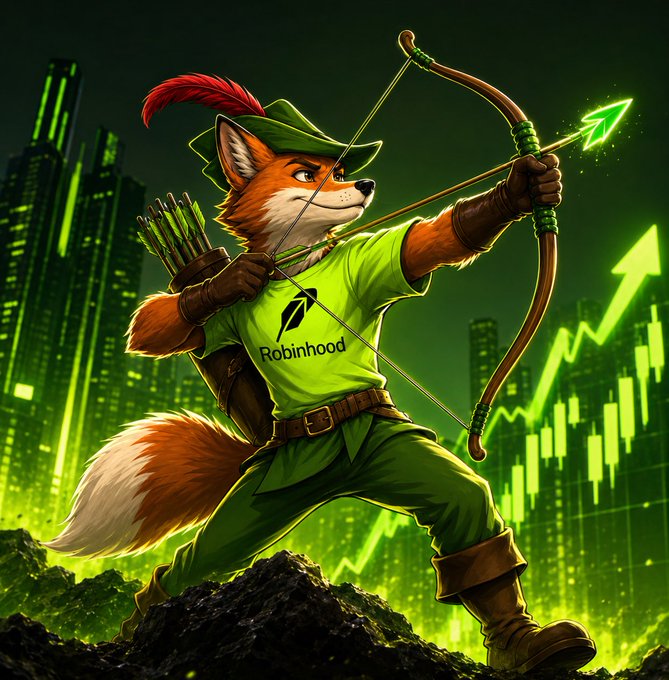 A digital illustration of an anthropomorphic fox dressed as Robin Hood wearing a green shirt with the Robinhood logo, drawing a glowing green arrow on a bow against a backdrop of stock market charts.