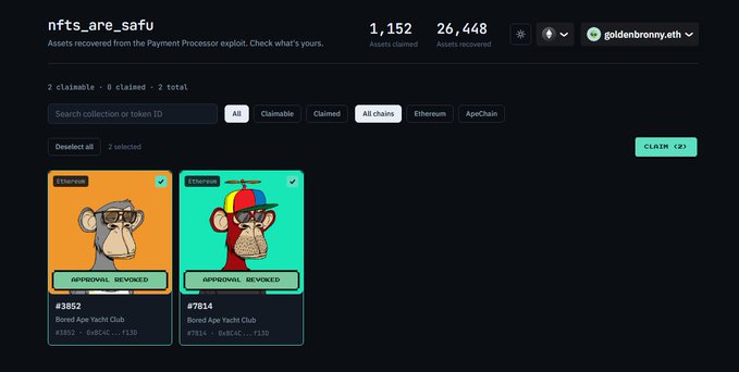 The image shows a claim site called "nfts_are_safU" displaying 1,152 claimed and 26,448 recovered assets, with two Bored Ape Yacht Club NFTs (#3852 and #7814) shown as "APPROVAL REVOKED" from Ethereum, illustrating the site's function of returning NFTs saved by Quit while verifying revoked permissions.