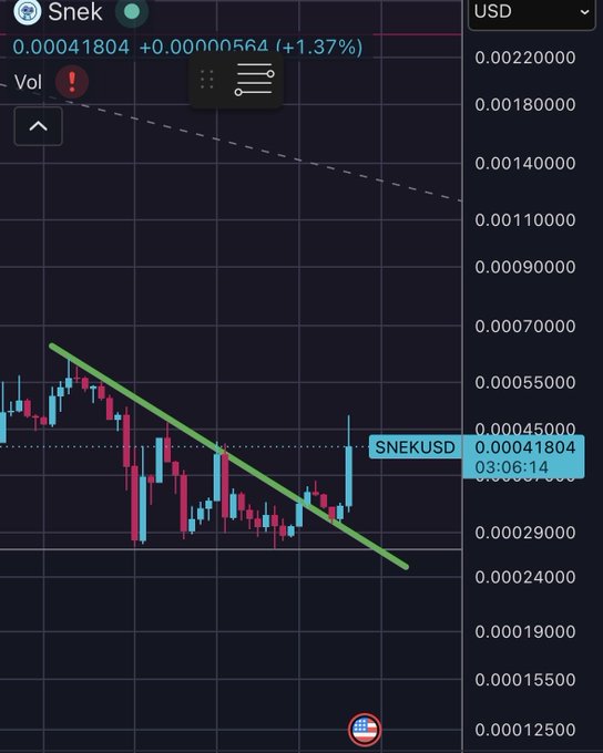 A financial trading chart for the cryptocurrency 'Snek' priced in USD, showing a recent price of 0.00041804 and a descending trendline on the candlestick chart.