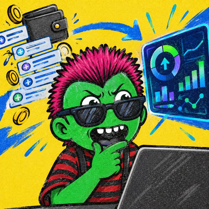 A green-skinned, spiky pink-haired character wearing sunglasses ponders over a laptop, surrounded by floating wallet icons, coins, and a colorful data dashboard with charts and graphs. The image visually reinforces the post's message by depicting the transformation of raw wallet data into meaningful, activated insights through on-chain behavioral scoring.