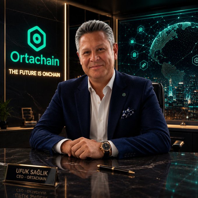 Portrait of a businessman at a desk labeled 'UFUK SAĞLIK - CEO - ORTACHAIN' with the company logo and slogan 'THE FUTURE IS ONCHAIN' displayed behind him.