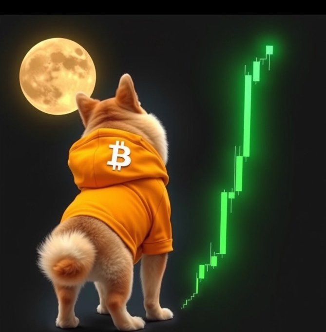 The image features a dog wearing an orange hoodie with the word "BET" written on it, standing against a black background. In front of the dog's head, there are green lines that appear to be stock market graphs or charts, suggesting that the dog is looking at something related to finance or investing. The post caption reads: "$DOG is what’s UP".