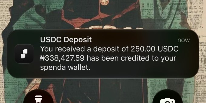 The image shows a phone notification confirming a USDC deposit of 250.00 USDC (₦338,427.59) into the user's Spenda wallet, set against an anime-style wallpaper background. This relates to the post about having breakfast with @MySpenda, as the notification suggests the user may be receiving funds from the platform to facilitate a meal-related transaction, tying the crypto deposit notification to the casual "have you eaten today?" social prompt.