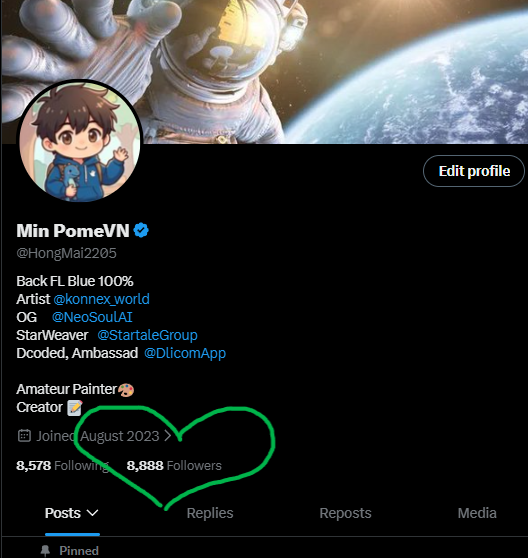 A social media profile for 'Min PomeVN' (@HongMai2205) displays a chibi-style astronaut avatar, noting roles like Artist, OG, StarWeaver, and Dcoded, with a hand-drawn green heart encircling the follower count area.