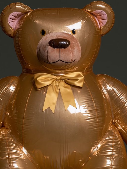 A large metallic rose-gold foil balloon shaped like a teddy bear with pink inner ears, a yellow satin bow tie, and a soft brown plush face with embroidered features.