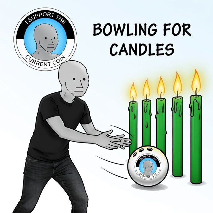The image is a cartoon-style graphic titled "BOWLING FOR CANDLES" featuring the NPC meme character in a black t-shirt rolling a bowling ball stamped with the "I Support The Current Coin" NPC logo toward a set of five green candles. It satirizes bearish trading charts by reimagining the downward-trending green candles as bowling pins being knocked down, directly tying into the post's theme of repeatedly "knocking down" the bearish $NPC candles.