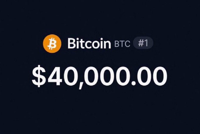 A graphic displays Bitcoin's price at $40,000.00 against a dark background, with the Bitcoin logo, "BTC" ticker, and "#1" ranking badge shown above. The image visually reinforces the hypothetical scenario of Bitcoin reaching the $40K price level, prompting viewers to consider how they would react to that milestone.