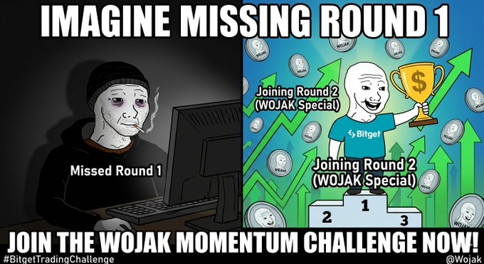 The image features a cartoon depiction of a man sitting at a computer, with an award above his head that says "join the Wojak Momentum Challenge now!". The man appears to be sad or disappointed as he looks down at the award. In addition to this main scene, there is also a smaller cartoon image of another person holding a trophy and smiling.