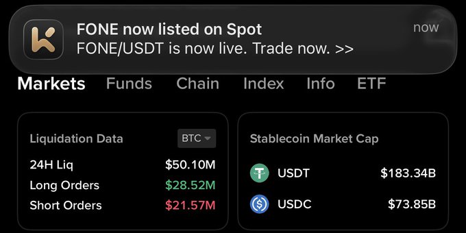 A KCEX app screenshot showing a notification that "FONE/USDT is now live" on Spot trading, alongside Liquidation Data ($50.10M total, $28.52M longs, $21.57M shorts) and Stablecoin Market Cap figures (USDT $183.34B, USDC $73.85B), illustrating the platform's quick listings of trending tokens like the new FONE memecoin.