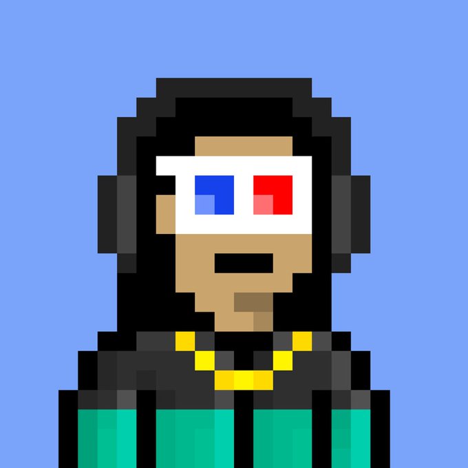 A pixel art portrait of a dark-haired figure wearing white 3D glasses (one blue, one red lens) and a gold chain, set against a blue background.