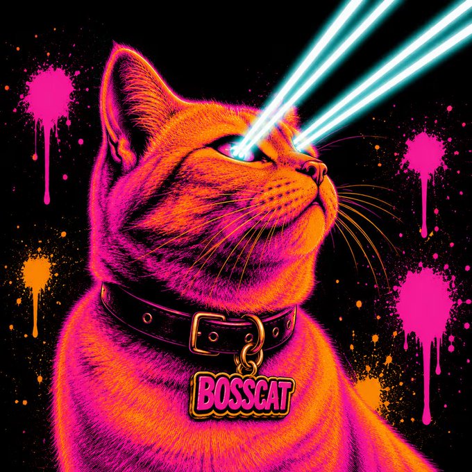 A vibrant digital illustration of an orange cat with cyan laser beams shooting from its eyes, wearing a collar with a 'BOSSCAT' tag, set against a black background with pink paint splatters.
