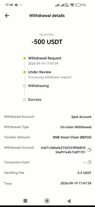 A mobile screenshot of a 'Withdrawal details' page showing '-500 USDT' withdrawal under review on the 'BNB Smart Chain (BEP20)' network with a 0.5 USDT handling fee.