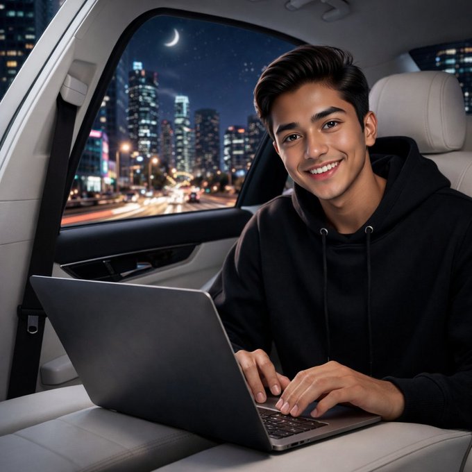 The image shows a young man sitting inside a car with his laptop open in front of him. He appears to be working or browsing the internet while traveling through the city at night, as there are buildings visible outside the window. The photo also includes a caption that reads "Good morning X Builders The future of DeFi belongs to platforms that make trading simple, fast and rewarding and @wolfswapdotapp is building exactly that. Smooth swaps, growing community, strong momentum." This suggests that the young man might be interested in cryptocurrency or blockchain technology, as he is using his laptop while traveling through a city at night with buildings visible outside the window.