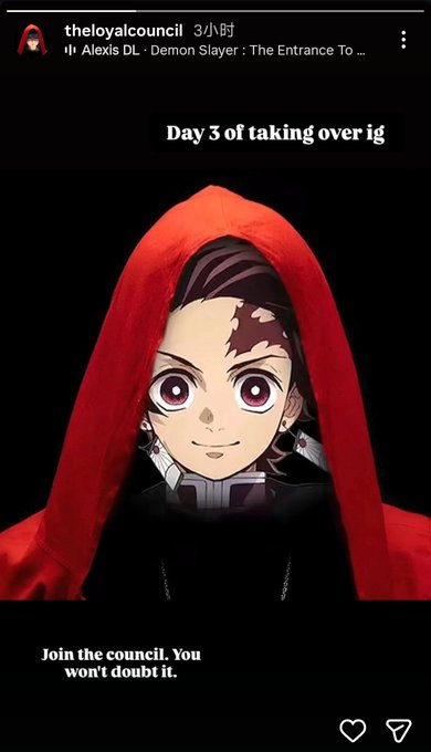 An Instagram Story from “theloyalcouncil” shows Tanjiro from *Demon Slayer* in a red hood with a council-like collar, captioned “Day 3 of taking over ig” and “Join the council. You won’t doubt it.” It’s a humorous meme promoting $council and the poster’s Fomo trade link.