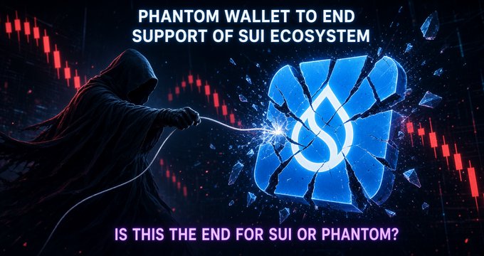 A graphic with the text 'PHANTOM WALLET TO END SUPPORT OF SUI ECOSYSTEM' at the top and 'IS THIS THE END FOR SUI OR PHANTOM?' at the bottom, featuring a hooded figure cutting the Sui logo in half amidst a red market chart.