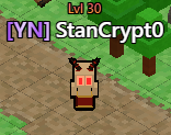 A pixelated character with red eyes and horns, labeled "Lvl 30 [YN] StanCrypt0," stands in a retro-style forest setting, fitting the caption "Looking menacing as fuck right now."