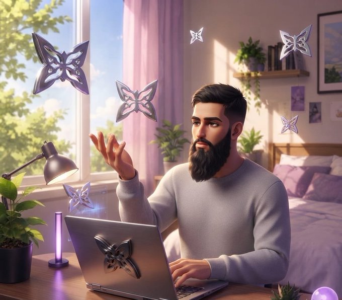 A stylized 3D illustration of a bearded man working on a laptop at a desk, with glowing purple and silver butterfly decorations floating around him in a cozy bedroom setting.