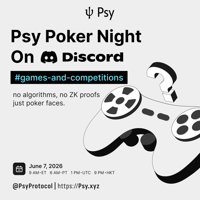 The image features a white game controller with black buttons, which appears to be a video game controller. The text above the controller reads "Psy Poker Night On Disc", indicating that this event is taking place online. Below the controller, there are three questions posed in a game of poker, asking about games and competitions. The post also mentions that the top three players will receive rewards based on their performance at the event.