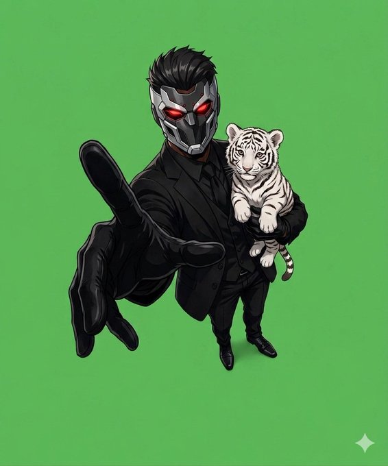 An illustrated character wearing a black suit and a metallic mask with glowing red eyes extends a hand forward while holding a white tiger cub, set against a solid green background.