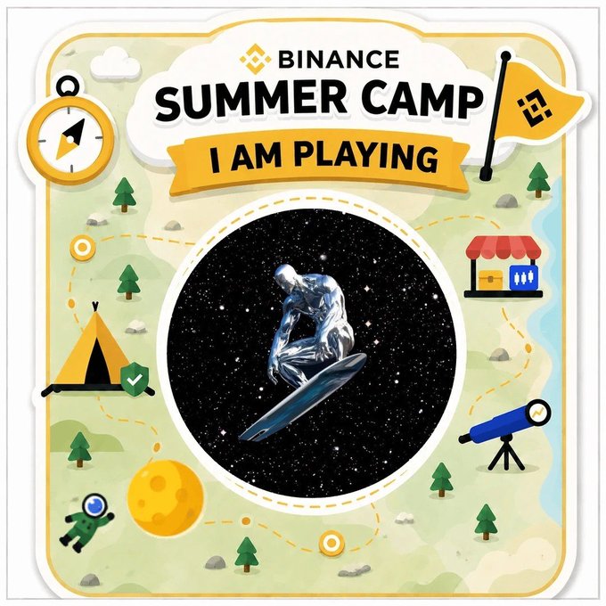 A colorful graphic for 'BINANCE SUMMER CAMP' featuring the text 'I AM PLAYING' and various camp-themed icons surrounding a central circle depicting an astronaut on a surfboard in space.