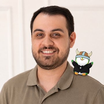 A smiling man with short dark hair and a beard wears an olive-green polo shirt in a portrait photo, with a small cartoon penguin wearing a Viking helmet overlaid on the right side of the image.