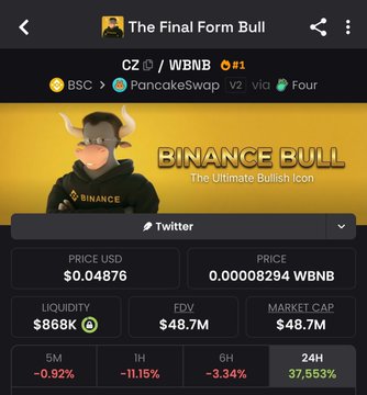 A cryptocurrency token page for 'The Final Form Bull' (Binance Bull) showing price as $0.04876 and FDV of $48.7M.