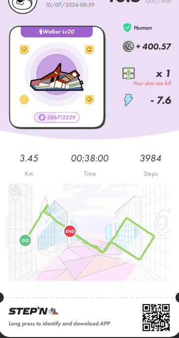 A screenshot from the STEP'N app showing a 'Walker Lv.20' digital sneaker NFT, stats including 3.45 Km, 00:38:00 Time, and 3984 Steps, with a route map and a +400.57 energy gain.