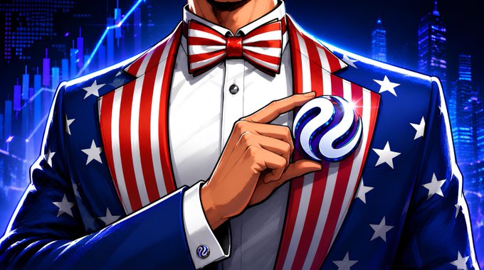 A stylized cartoon illustration features a man in an American flag suit and red-white-and-blue bow tie holding up a Shiba Inu 'S' token against a nighttime city skyline.