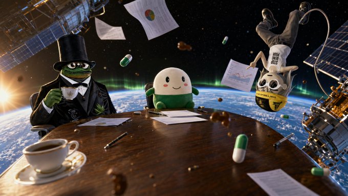 A whimsical scene in outer space shows a dapper Pepe the Frog in a top hat sipping tea, a smiling pill character, and a upside-down frog in a hoodie sitting at a conference table littered with charts, pill capsules, and coffee, with Earth and satellites in the background. The text "THE LONG ARM OF THE LAW" is visible on the hoodie, fitting the post's playful "we run this shit" bravado about crunching numbers from orbit.