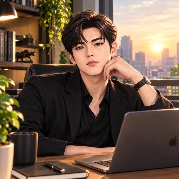 A digital illustration of a handsome young man in a black shirt and blazer sitting at a desk with a MacBook laptop, with a sunset city skyline visible through the window behind him.