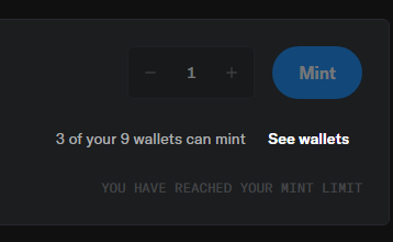 A digital minting interface showing a quantity selector set to "1" next to a blue "Mint" button, with text reading "3 of your 9 wallets can mint" and a faded notice stating "YOU HAVE REACHED YOUR MINT LIMIT." The image illustrates OpenSea's new whitelisted wallet counts and multi-wallet eligibility feature mentioned in the post, allowing users to see how many of their connected wallets are eligible per phase.