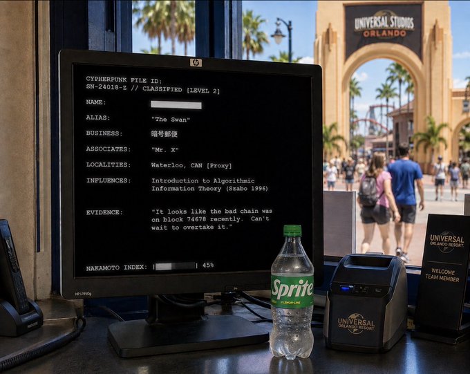 A computer monitor displaying a cyberpunk-styled classified file at Universal Studios Orlando, with a Sprite bottle and theme park entrance visible in the background.