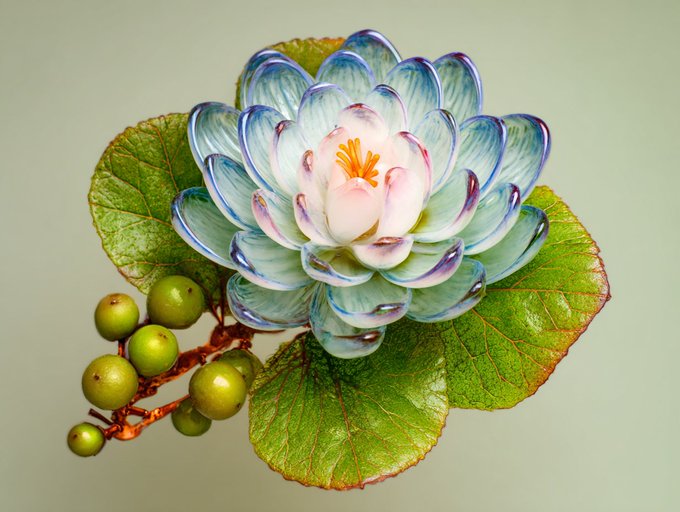 A decorative glass sculpture of a lotus-like flower with blue-tipped petals and orange center, resting on green leaves with green berries on a bronze-colored stem.