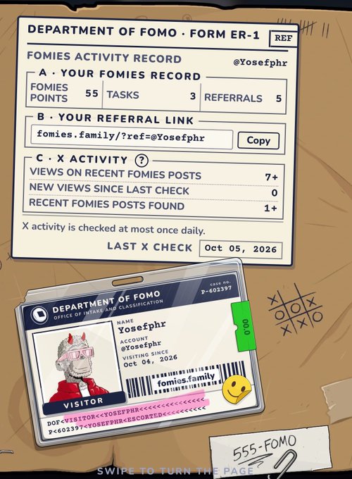 A 'Department of Fomo' activity record form (Form ER-1) for user @Yosefphr, showing 55 Fomies points, 3 tasks, 5 referrals, and a visitor ID card featuring a character with pink glasses and horns, dated October 04-05, 2026.