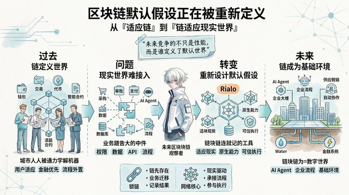 A Chinese-language infographic titled '区块链默认假设正在被重新定义' (Blockchain default assumptions are being redefined), comparing the past and future of blockchain technology with illustrations of cities, AI agents, and a central character.