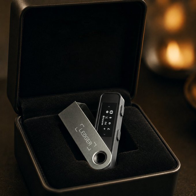 In the image, there are two small devices - a silver device with a black screen and a smaller silver device with a black screen. Both of these devices appear to be related to Ledger technology or cryptocurrency. The larger silver device has a black case around its edges, while the smaller silver device is placed inside a black box.